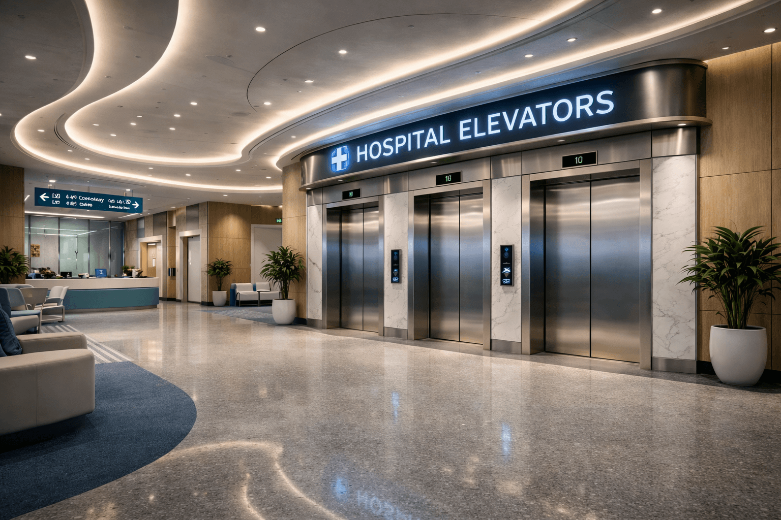 Modern elevator lobby with curved ceiling lights